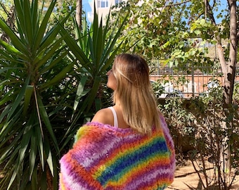 GlowbySely / Rainbow Sage Glow Strickjacke / Vegan Oversize grobstrick Strickjacke / Geschenk für Sie / Handgefertigte Vegane Strickjacke / Gestrickte Crop Pullover