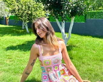 GlowbySely/ Princess Kelly Dress/ Crochet Granny Square Dress/Colorful Knitting Dress