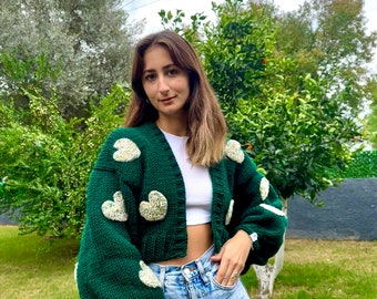 Glowbysely/ Dark Green Love Sweater/ Handmade / Oversize/ Cropped