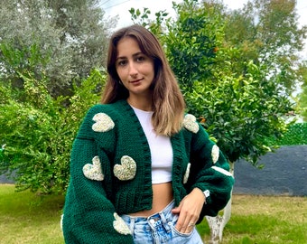 GlowbySely/ Dark Green Love Sweater/ Handmade / Oversize/ Cropped Cardigan/ Woman Knitted Top/Balloon Sleeve/ Knit Cardigan/ Gift for her