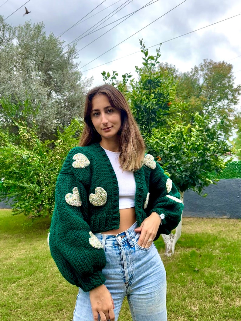 GlowbySely/ Dark Green Love Sweater/ Handmade / Oversize/ Cropped Cardigan/ Woman Knitted Top/Balloon Sleeve/ Knit Cardigan/ Gift for her image 1