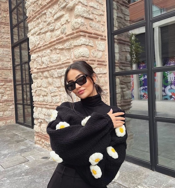 Glowbysely/ Black Flower Cardigan / Chunky Knit Sweater for Women