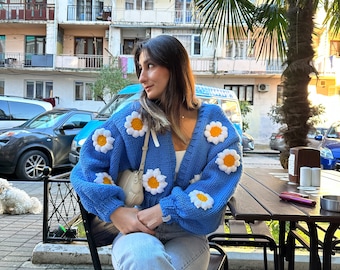 GlowbySely/ Handmade Blue Floral Cardigan / Oversize/ Chunky knit sweater for women /Knit Cropped Cardigan/ Woman knitted top/ Knit Cardigan