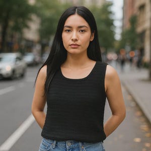 May include: A black crochet vest top with a scoop neckline. The top is paired with blue jeans. The background shows a city street with cars and buildings.