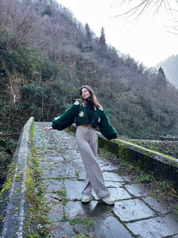 Glowbysely/ Dark Green Love Sweater/ Handmade / Oversize/ Cropped