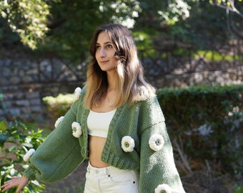 GlowbySely/ Knit Jacket/ Chunky Knit Product/ Handmade & Unique Cardigan/ Oversized Flower Cardigan/Knit Cropped Cardigan/ Woman Knitted Top