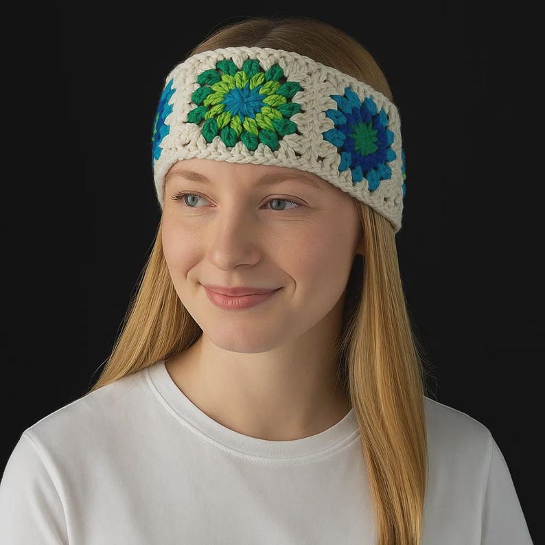 May include: Cream-colored crochet headband with three flower motifs in shades of green and blue. The headband is made of a soft, textured yarn and is worn across the forehead. The floral design adds a touch of color and style.