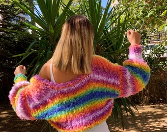 GlowbySely/ Rainbow Glow Cardigan/ Vegan Oversize Knitted Chunky Cardigan/Gift For Her/Handmade Vegan Cardigan/ Knitted Crop Sweater