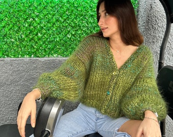 GlowbySely / Green Loli Button Cardigan / Handmade Mohair Wool Cardigan / Chunky Cardigan / Gift for her