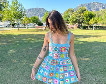 GlowbySely/ Blue Kelly Dress/ Crochet Granny Square Dress/Colorful Knitting Dress