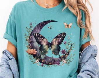 Camiseta de mariposa, camiseta vintage con estampado de luna en algodón de colores cómodos.
