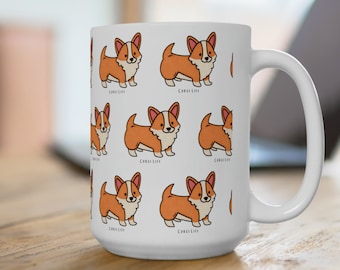 May include: White ceramic mug featuring a repeating pattern of cartoon corgi dogs in shades of brown and white. The mug has a large handle and the words "Corgi Life" are printed below each dog. The mug is on a wooden surface.