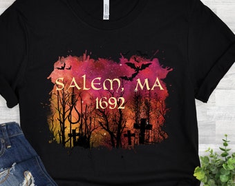 Camiseta de Halloween, juicios de brujas de Salem, camiseta de brujas de Salem Mass., camiseta de brujas de Salem, camiseta de Halloween para damas, juicios de brujas 1692