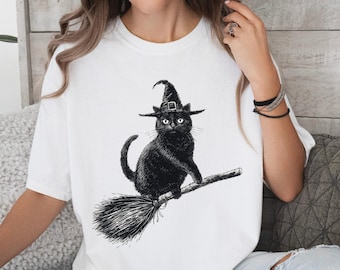 Halloween Cat Shirt, Comfort Colors Black Cat Tee for Spooky Season