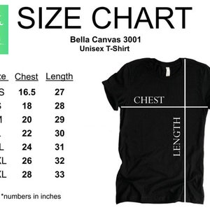 Puede incluir: Tabla de tallas para una camiseta unisex Bella Canvas 3001. La tabla muestra las medidas de pecho y largo en pulgadas para las tallas XS a 3XL.