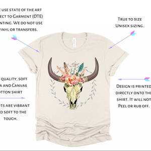 May include: A beige t-shirt with a floral skull design printed on the front. The shirt is made of a soft, high-quality Bella + Canvas cotton blend. The design is printed directly onto the shirt using a direct-to-garment printing method. The shirt is true to size and available in unisex sizing.
