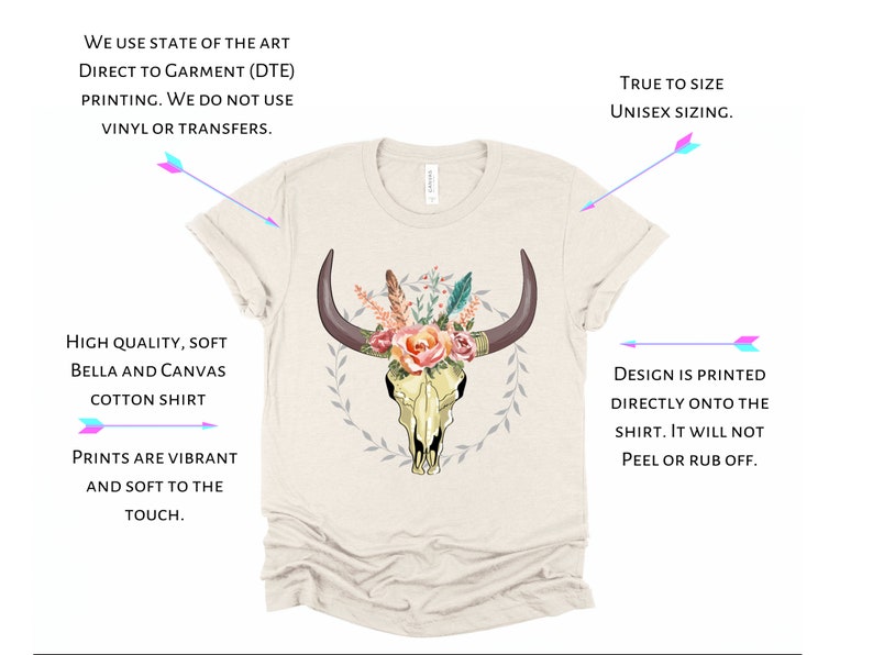 May include: A beige t-shirt with a floral skull design printed on the front. The shirt is made of a soft, high-quality Bella + Canvas cotton blend. The design is printed directly onto the shirt using a direct-to-garment printing method. The shirt is true to size and available in unisex sizing.