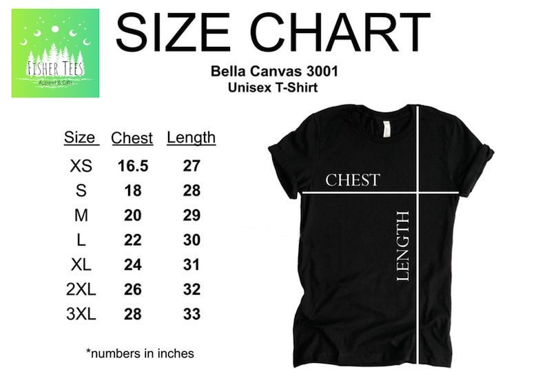 May include: Size chart for a Bella Canvas 3001 unisex t-shirt. The chart shows the chest and length measurements in inches for sizes XS to 3XL.