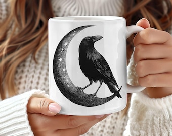 Taza Cuervo Místico, Taza de Café Gótica con Diseño de Luna, Taza de Cerámica de 325 ml