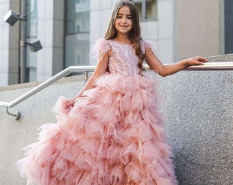 Blush Flower Girl Dress, Lace flower girl dress, Girls ball gown, Birthday girl dress, Girls formal dress, Girls blush dress