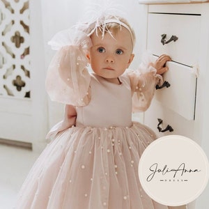 Pearl flower girl dress, toddler, baby bridesmaid dress, pink, baby, blush, infant, long sleeve, flower girl dress, with pearls
