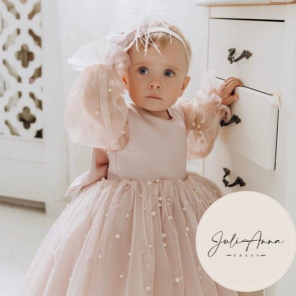 Pearl flower girl dress, toddler, baby bridesmaid dress, pink, baby, blush, infant, long sleeve, flower girl dress, with pearls