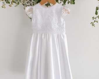 White Infant Christening Dress, Newborn Baby Blessing Gown, Organza Flower Girl Dress