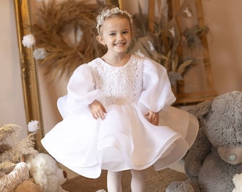 weißes puffy Kleid, weißes Blumenmädchenkleid, weißes Prinzessinnenkleid, weißes Kleinkindkleid puffy, weißes Kinderkleid