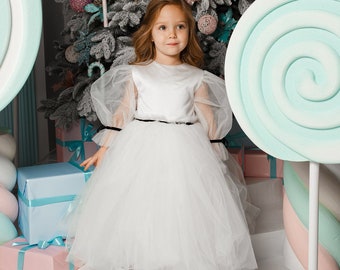 Elfenbein Blumenmädchen Kleid, Blumenmädchen Kleid, Junior Brautjungfer Kleid, Tütü Kleid, Tüll Blumenmädchen Kleid