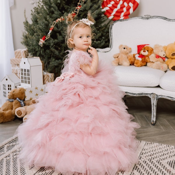 First Birthday Dress, Tutu flower girl dress, Dusty rose girl dress, Blush flower girl dress