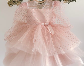 Tutu flower girl dress, Dusty rose girl dress, Blush flower girl dress, Flower girl dress satin