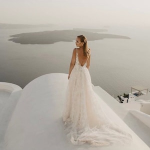 Romantic ivory, lace tulle wedding dress with neckline, Lace beach boho wedding dress, minimalist lace boho dress open back image 1