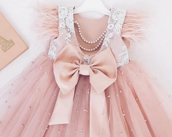 Baby girl tulle dress, Baby girl first birthday dress, baby party dress, Blush flower girl dress, Pink dress baby girl