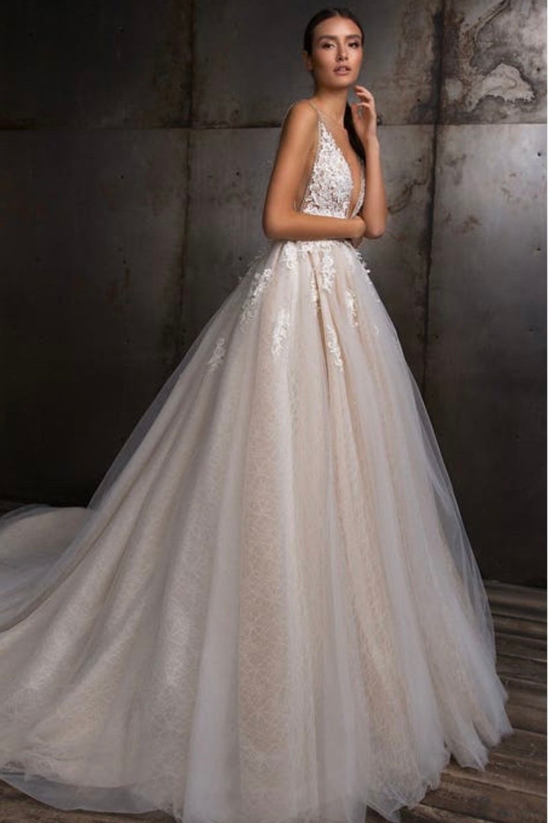 Romantic ivory, lace tulle wedding dress with neckline, Lace beach boho wedding dress, minimalist lace boho dress open back image 3