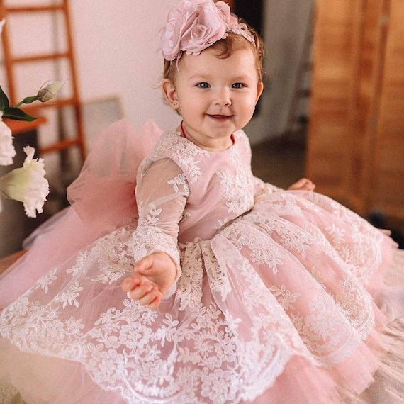 Baby Girls Blush Lace Thick Pearl Trim Flower Girl Dress 3-24 Months main image 0