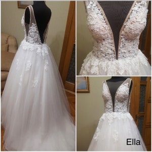 Romantic ivory, lace tulle wedding dress with neckline, Lace beach boho wedding dress, minimalist lace boho dress open back image 5