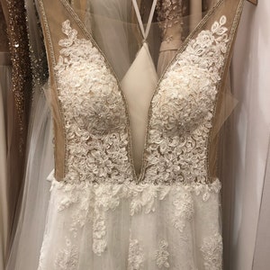 Romantic ivory, lace tulle wedding dress with neckline, Lace beach boho wedding dress, minimalist lace boho dress open back image 7