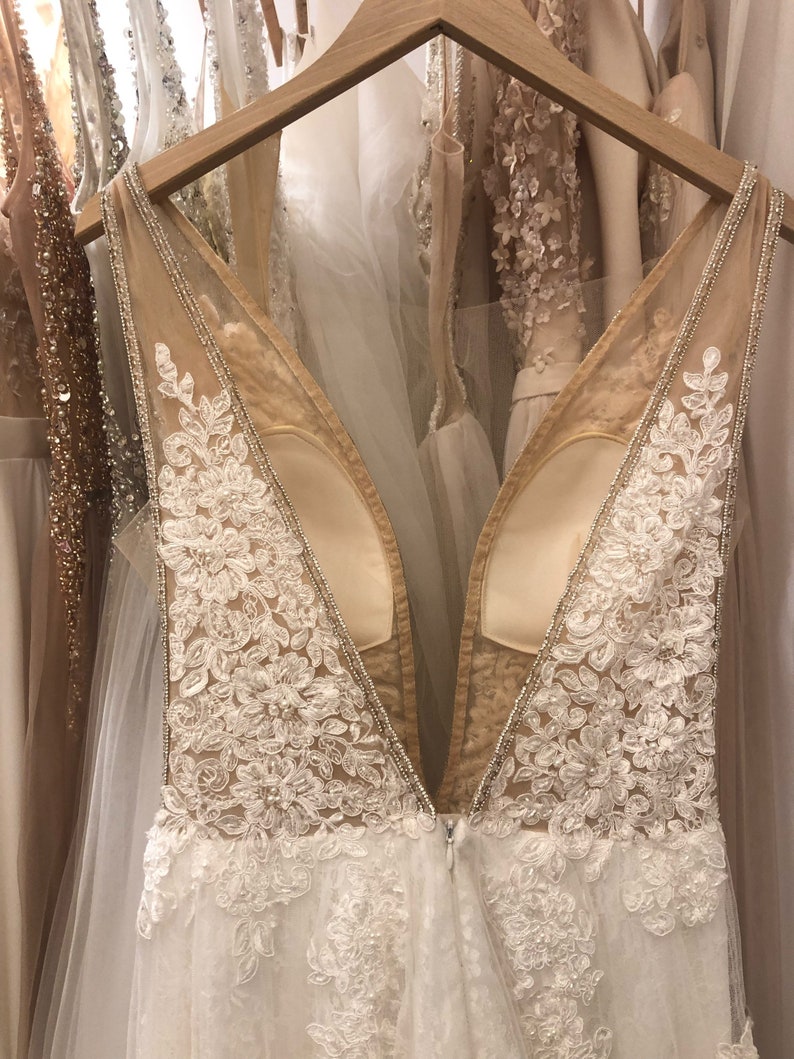 Romantic ivory, lace tulle wedding dress with neckline, Lace beach boho wedding dress, minimalist lace boho dress open back image 9