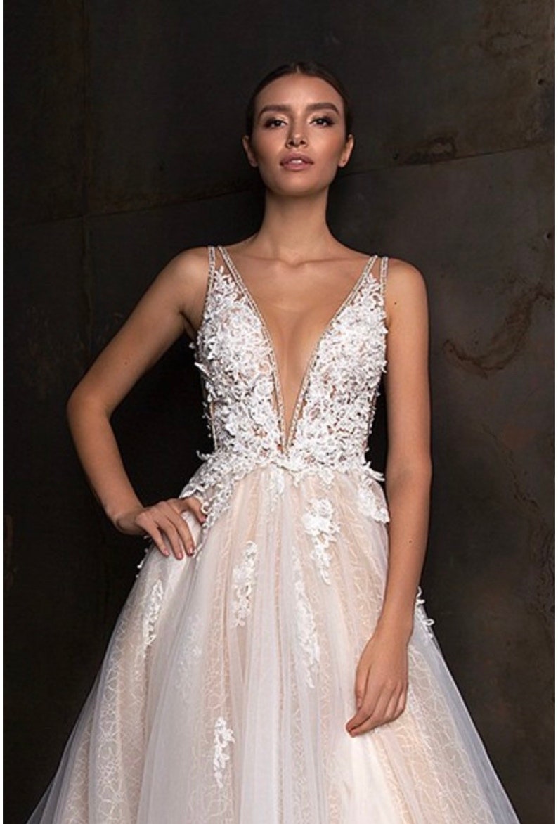 Romantic ivory, lace tulle wedding dress with neckline, Lace beach boho wedding dress, minimalist lace boho dress open back image 2