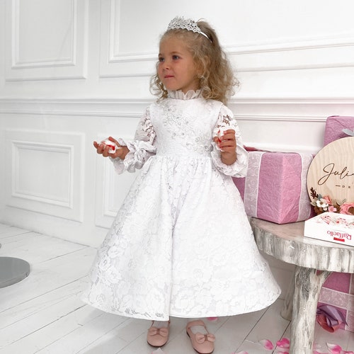 Baby lace dress long sleeve dress, white lace dress, shops flower girl dress, baby girl dress special occasion