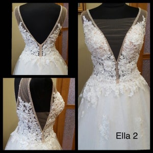Romantic ivory, lace tulle wedding dress with neckline, Lace beach boho wedding dress, minimalist lace boho dress open back image 6