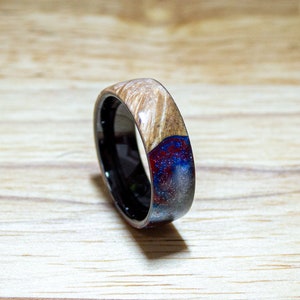 Ceramic Burl Ring – Black Ceramic Band with Red & Blue Resin Inlay, Handmade