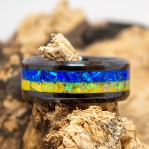 Black Ceramic Ring with Yellow & Blue Opal Inlay – Ukraine Flag Colors, Handmade Gift