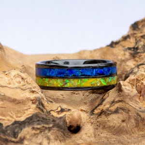 Black Ceramic Ring with Blue & Yellow Opal Inlay – Ukraine Flag Colors, Handmade