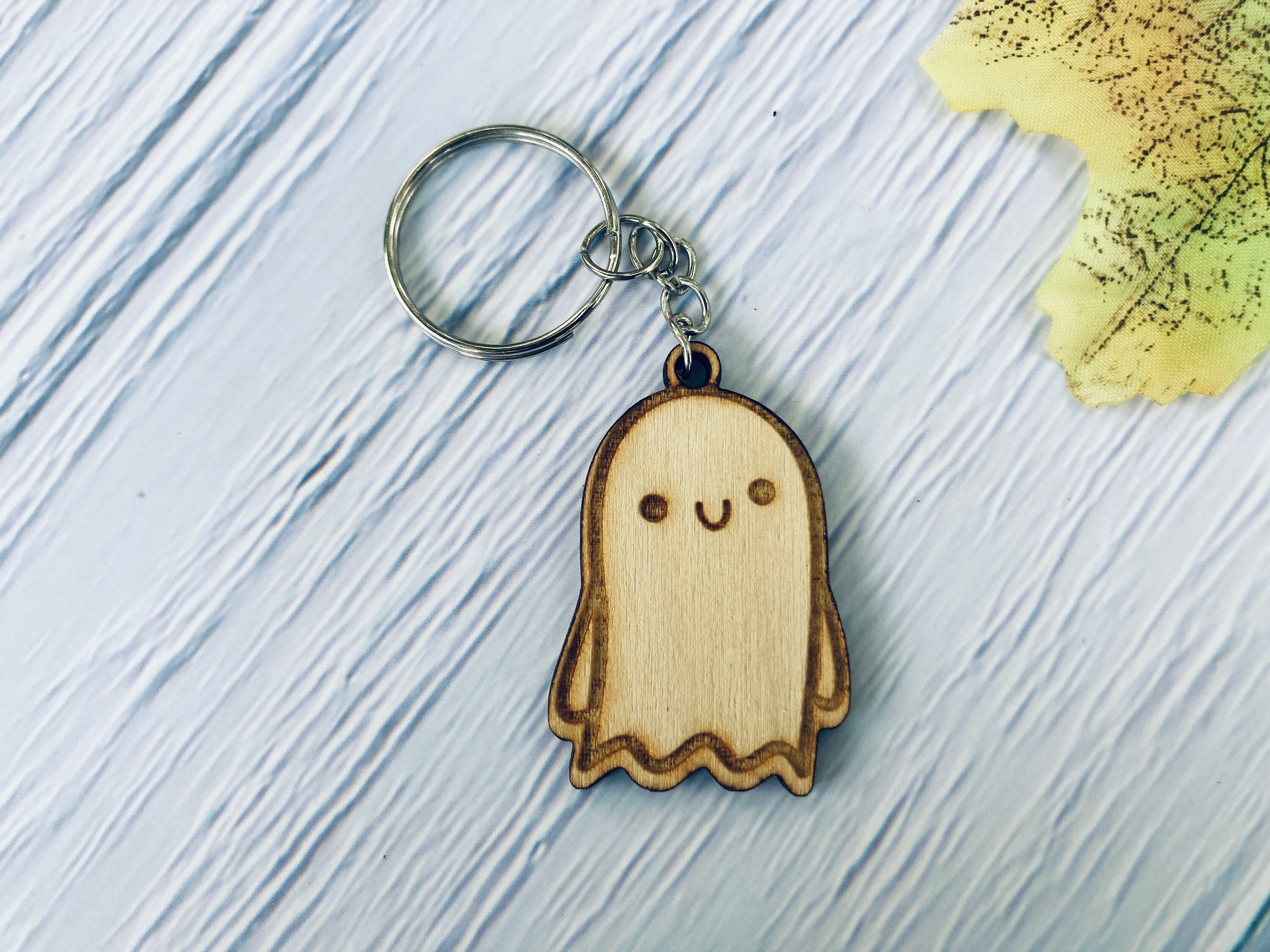 Cute Ghost Wooden Keychain Funny Halloween Wooden Keyring Etsy