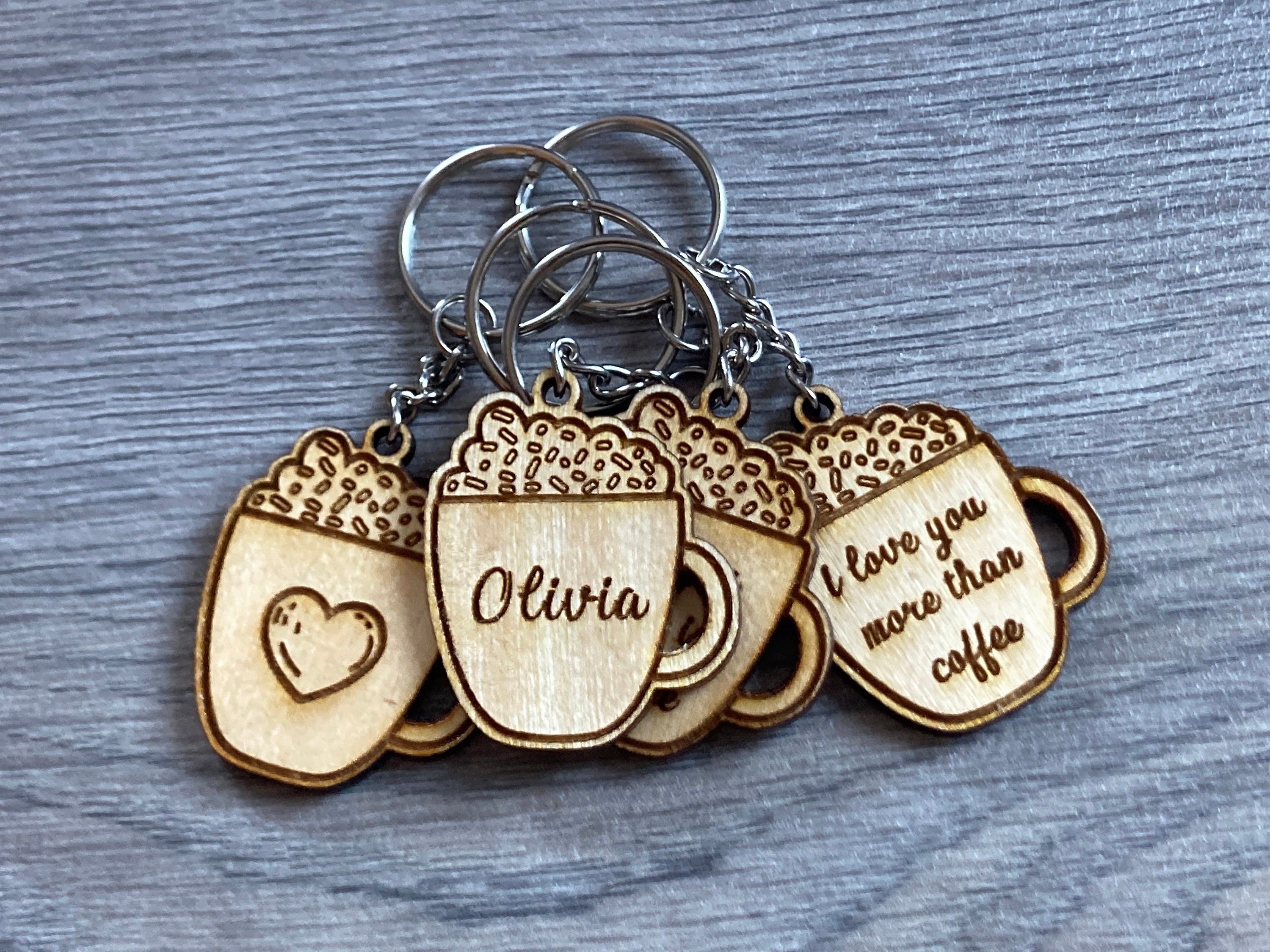 Mug Wooden Keychain Personalised Name Keyring Heart Coffee Etsy