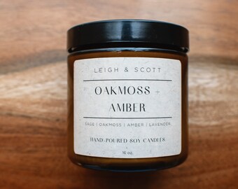 Oakmoss y ámbar, 16 oz, vela de cera de soja vertida a mano, aroma varonil, vela masculina, vela para él, vela almizclada, decoración mancave
