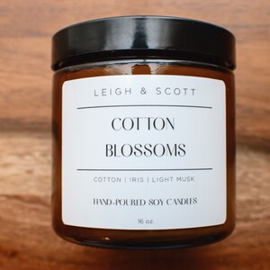 Cotton Blossoms Large Candle, 16oz Hand Poured Soy Candle, Clean Burning Candle, Clean Scented Candle, Everyday Scent | Fresh Linen Scent