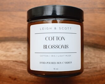 Cotton Blossoms Large Candle, 16oz Hand Poured Soy Candle, Clean Burning Candle, Clean Scented Candle, Everyday Scent | Fresh Linen Scent