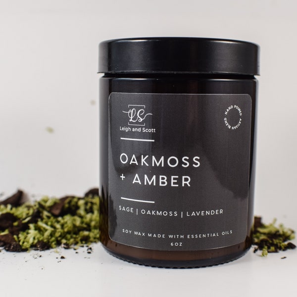Oakmoss and Amber | Hand Poured Soy Wax Candle | Luxury Handmade Soy Candle | Oakmoss scented pure soy candle | 6 oz | Musky Candle scent